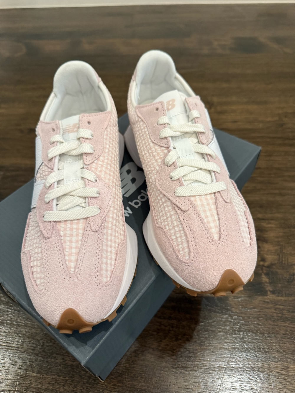 New Balance 327 Pink & White Gingham Women's Retro Runner Sneaker - Picture 9 of 16